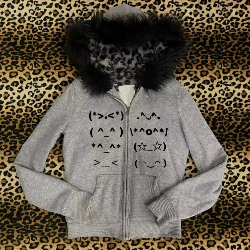 Casual Faur collar Harajuku Streetwear Hiphop Zipper Hoodie sweatshirt Vintage Rock Goth Loose Punk EMO Y2K Zip up hoodie Jacket