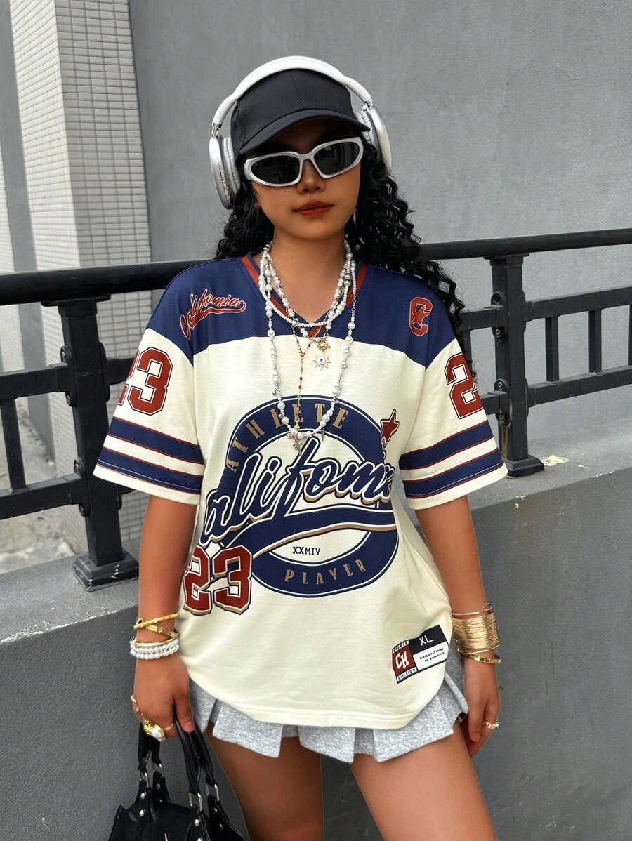 2025 Women Summer New Los Angeles No.23 Fashion V-Neck Tee Comfortable And Versatile Top Y2K Street Retro Hip Hop Sports Jersey