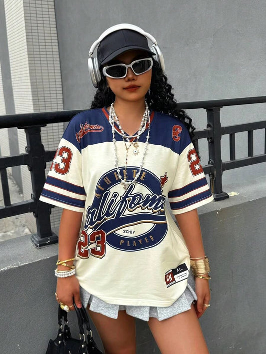 2025 Women Summer New Los Angeles No.23 Fashion V-Neck Tee Comfortable And Versatile Top Y2K Street Retro Hip Hop Sports Jersey