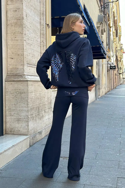 Sequin Angel's Wings Hoodies Women Loose Long Sleeve Pullovers Top Slim Fit Yoga Pant Set 2025 New Casual Lady Two Piece Sets
