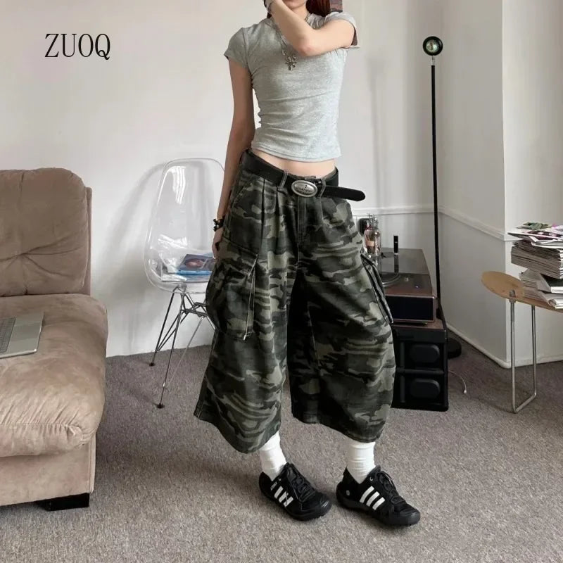 American Camouflage Jeans Men's and Women's High Street Loose Straight Leg Casual Versatile Seven-minute Denim Pants Male