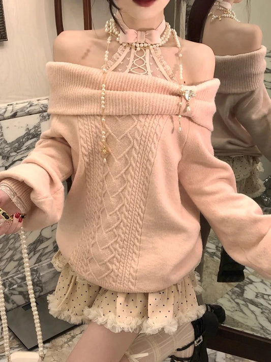 Women Sweet Hot Girl Bow Off-Shoulder Sweater Autumn Winter Elegant Sexy Fashion Knitted Tops Casual Y2k Knitwear Pullover New