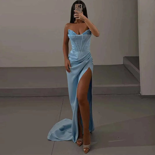Luxury Evening Dresses 2025 Satin Mermaid/Trumpet Prom Dress Light Blue Sweetheart Beads Pleat Split Party Gown Sweep Train