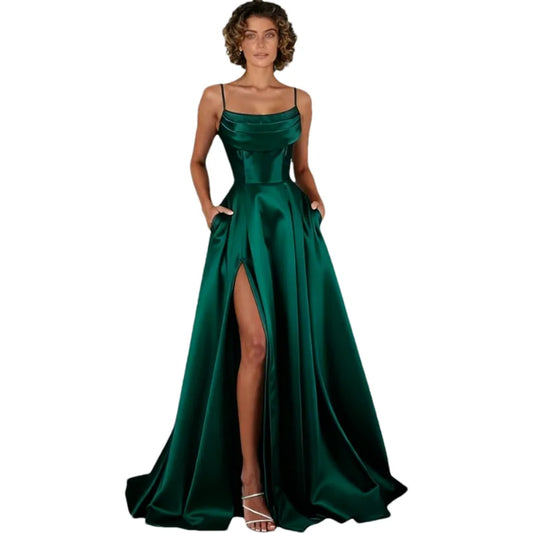 Customized Women's Spaghetti Straps Satin Prom Dresses with Slit Long A Line Formal Dress Evening Party Gowns with Pockets