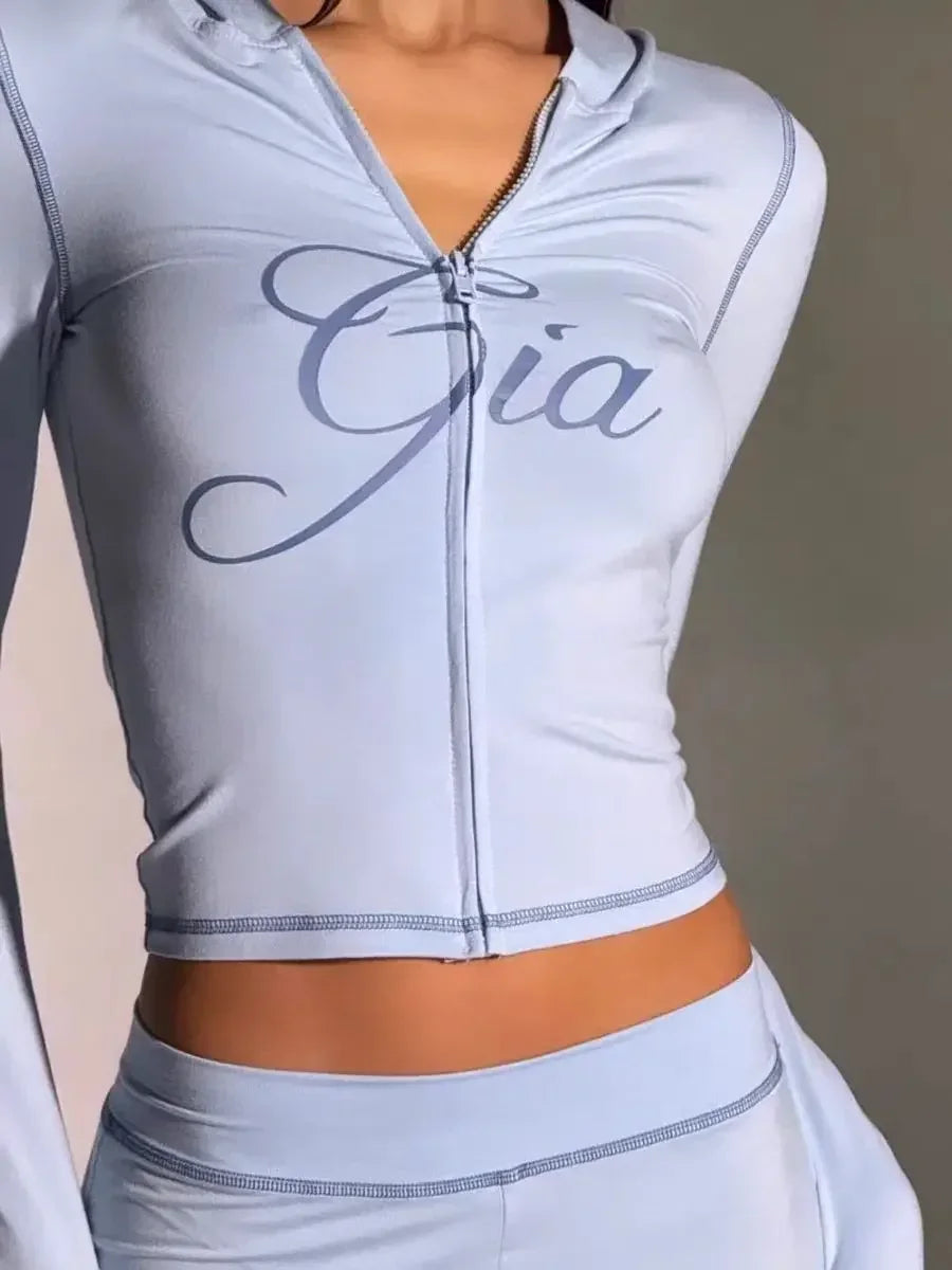 Gia 2025 Shoulder Slimming Letter Printed Bright Thread Design Slimming Hooded Zipper Short Coat Pants Set for Women