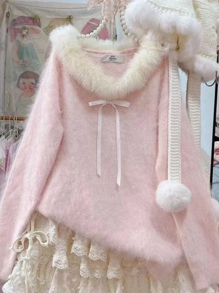 Women Sweet Hot Girl Bow Off-Shoulder Sweater Autumn Winter Elegant Sexy Fashion Knitted Tops Casual Y2k Knitwear Pullover New