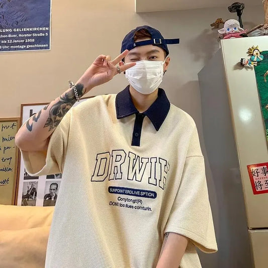 American Retro Lapel Polo Shirt Short Sleeved Men's Harajuku Casual Fashion Versatile Oversized Loose Versatile T-shirt