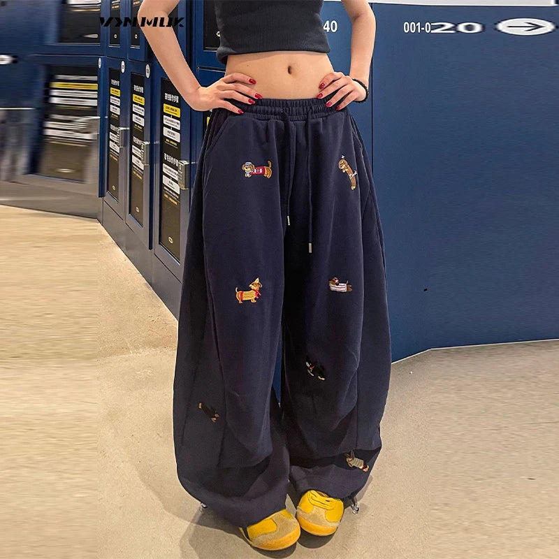 American Trendy Hip Hop Sausage Dog Embroidery Casual Pants Women's Loose Straight Leg Sweatpants 2025 Autumn Winter Pants