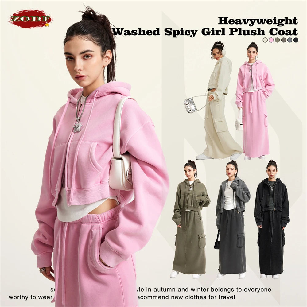 ZODF Retro 2025 Winter Women Short Zipper Hoodies Female Girls Loose 355gsm Thick Fleece Hooded Zip-up Coat Streetwears HY0448