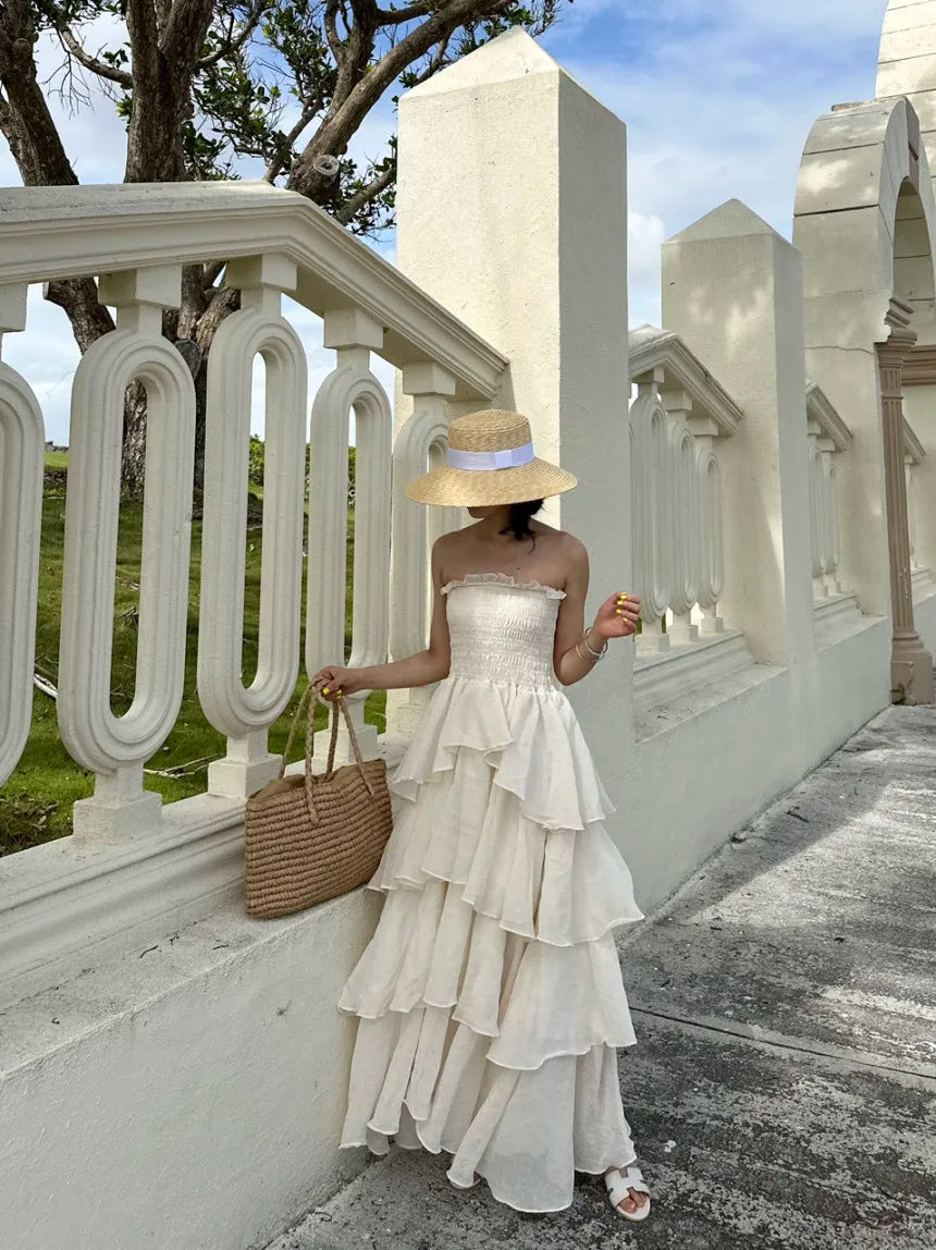 French Style Female Luxurious Strapless Cake Dress Summer Strapless Women Party Dresses Vintage Tiered Wedding Guest Dress 2025
