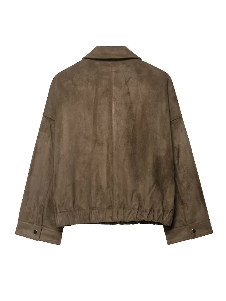 HH Woman Winter Elegant Turn-down Collar Solid Jacket Women Long Sleeve Pocket Decorate Zipper Casual Suede Texture Loose Coat