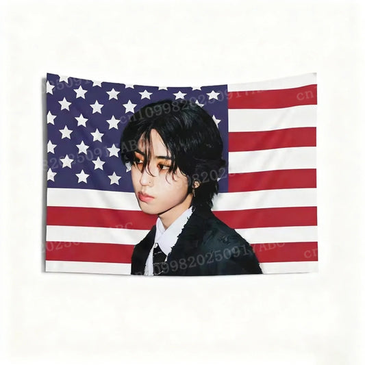 Kpop Idol Tapestry SKZ Han Jisung Pink American Flag Tapestry Wall Hanging Tapestry Decoration Background Cloth GardenTapestry
