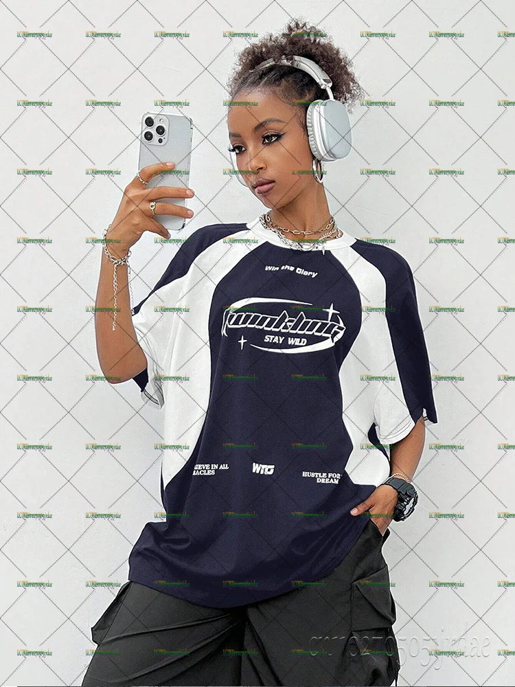 Women's Summer Autumn Streetwear Oversized Racing Motorcycle Print Color Block Raglan Sleeve T-Shirt Casual Loose Tops Y2k Tees