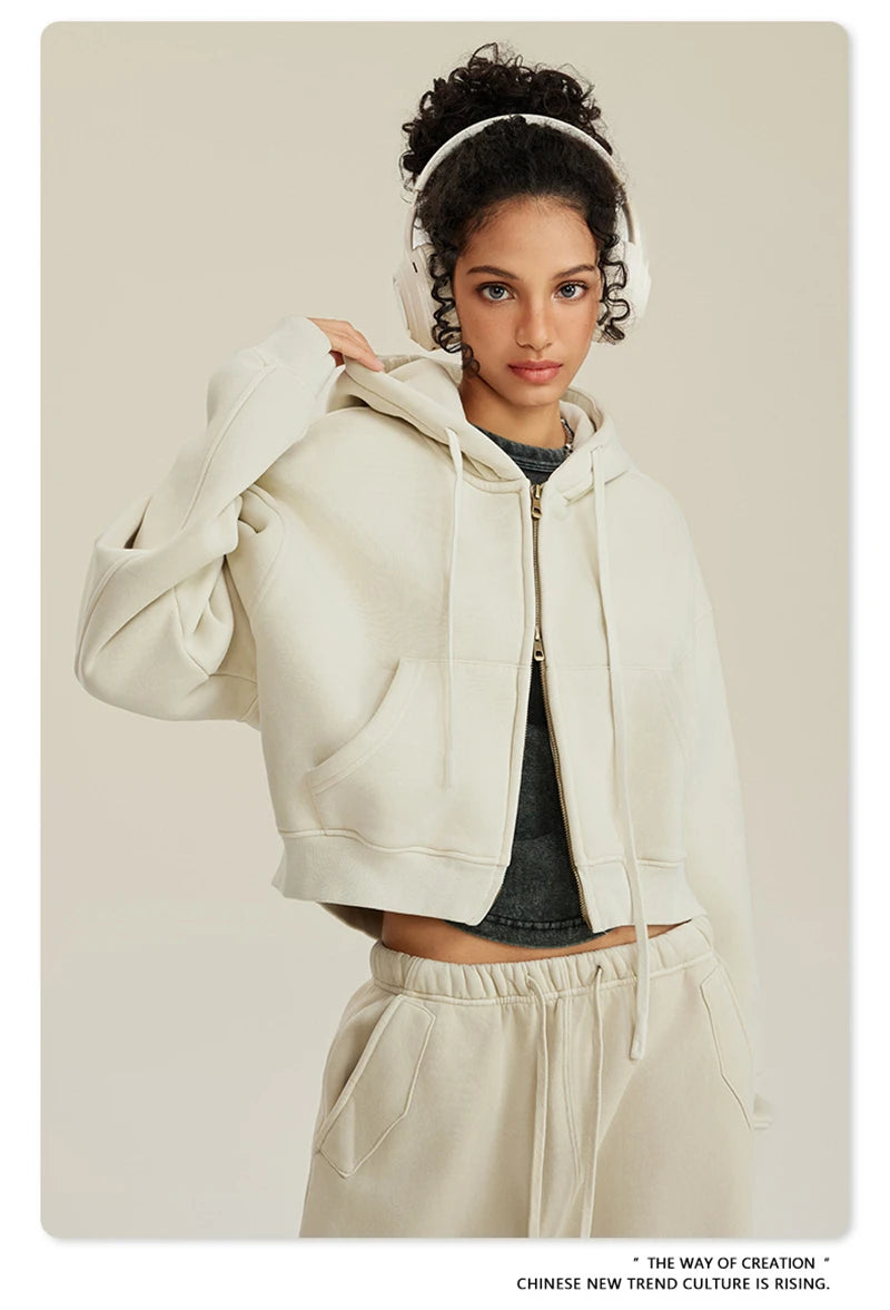 ZODF Retro 2025 Winter Women Short Zipper Hoodies Female Girls Loose 355gsm Thick Fleece Hooded Zip-up Coat Streetwears HY0448