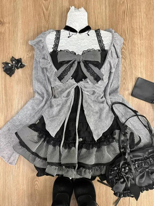 Sweet Lolita Vintage Suits Women Ruffles Cardigan + Sexy Y2k Corset Vest + Mini Skirts Autumn Korean Elegant 3 Piece Dress Sets