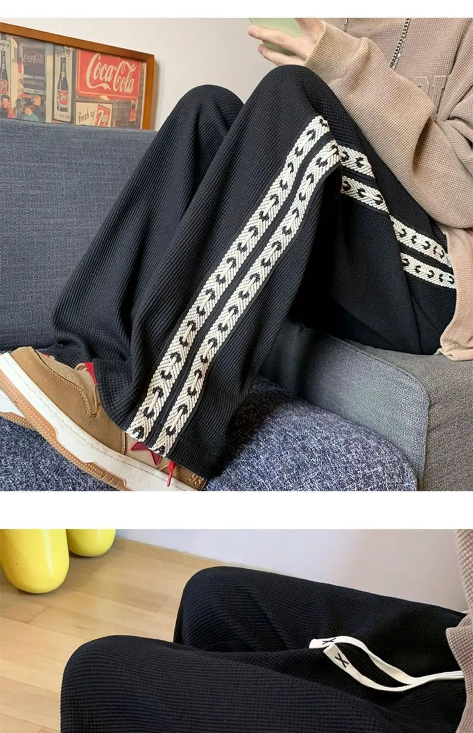 American High Street Waffle Autumn Casual Pants Men Solid Patchwork Print Trendy Fashion Pockets Loose Straight Wide Leg Trouser