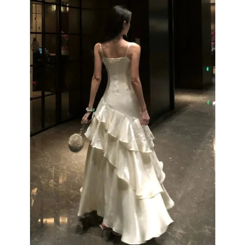 French Elegant Luxury Ruffles Sling Mermaid Dress Prom Gown  Zipper Tierred Shoulder Dresses 2025 Summer Chic New Vestidos