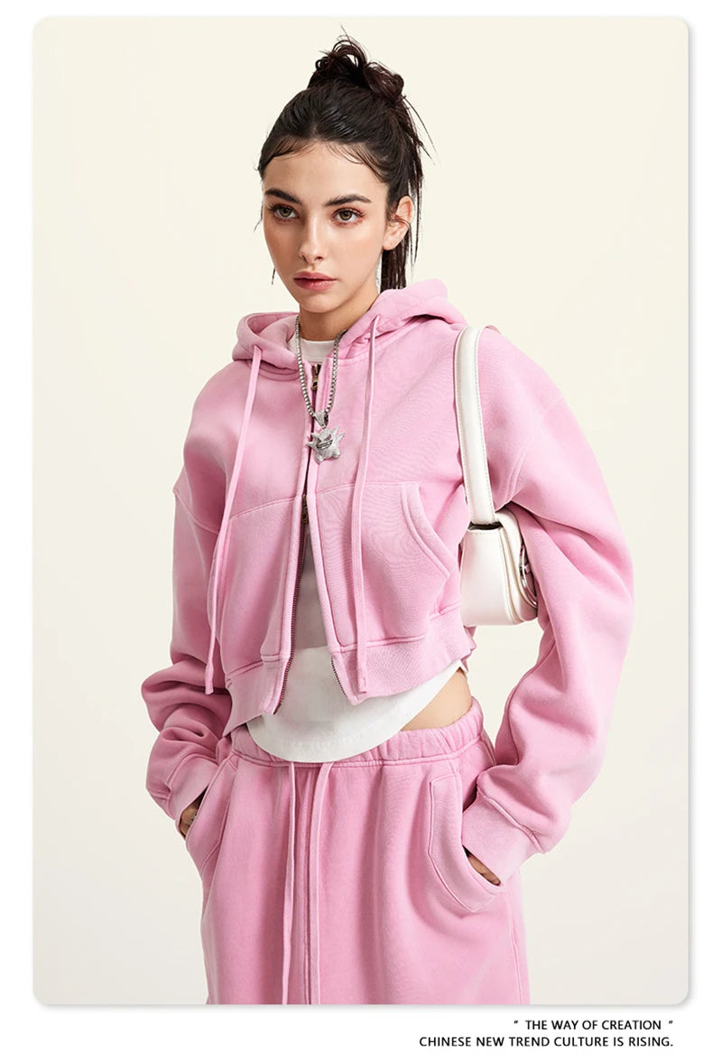 ZODF Retro 2025 Winter Women Short Zipper Hoodies Female Girls Loose 355gsm Thick Fleece Hooded Zip-up Coat Streetwears HY0448