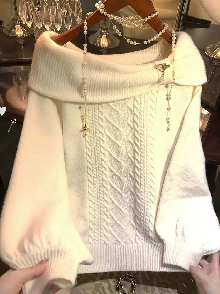 Women Sweet Hot Girl Bow Off-Shoulder Sweater Autumn Winter Elegant Sexy Fashion Knitted Tops Casual Y2k Knitwear Pullover New