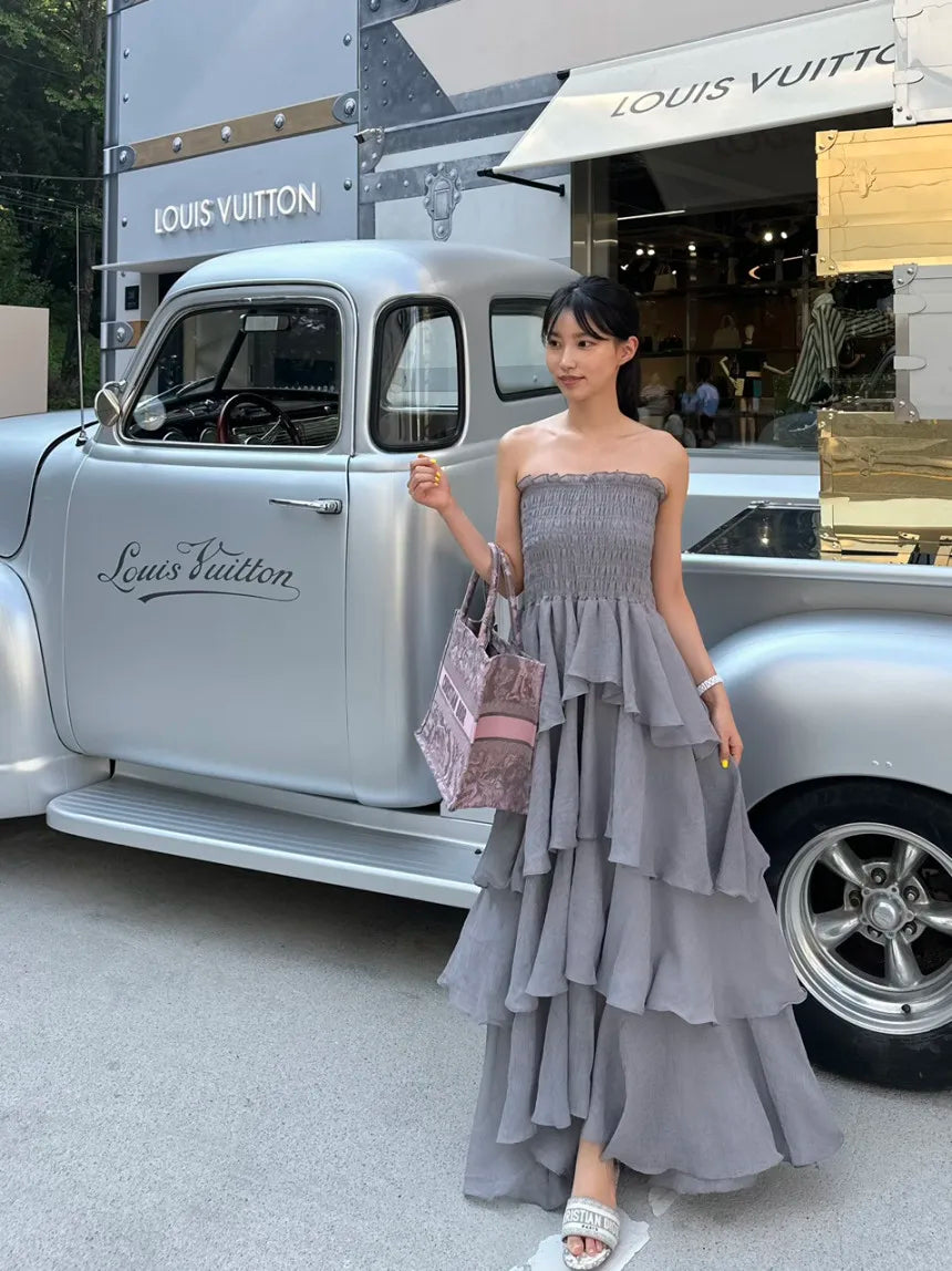French Style Female Luxurious Strapless Cake Dress Summer Strapless Women Party Dresses Vintage Tiered Wedding Guest Dress 2025