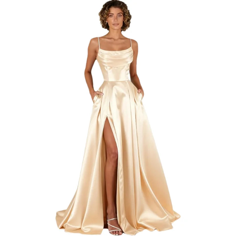 Customized Women's Spaghetti Straps Satin Prom Dresses with Slit Long A Line Formal Dress Evening Party Gowns with Pockets