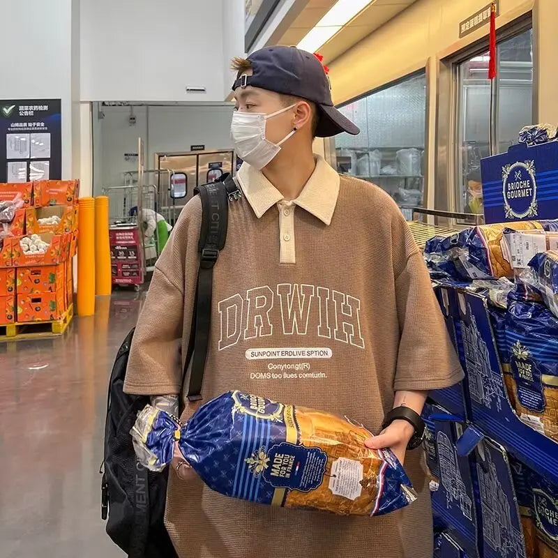 American Retro Lapel Polo Shirt Short Sleeved Men's Harajuku Casual Fashion Versatile Oversized Loose Versatile T-shirt