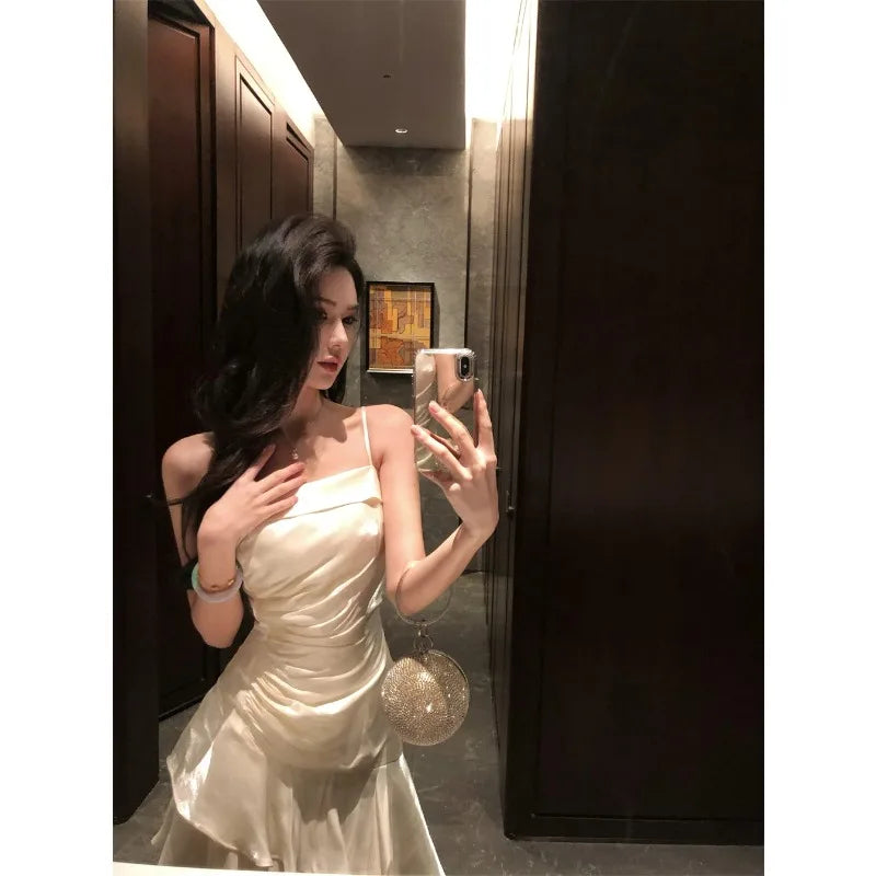 French Elegant Luxury Ruffles Sling Mermaid Dress Prom Gown  Zipper Tierred Shoulder Dresses 2025 Summer Chic New Vestidos