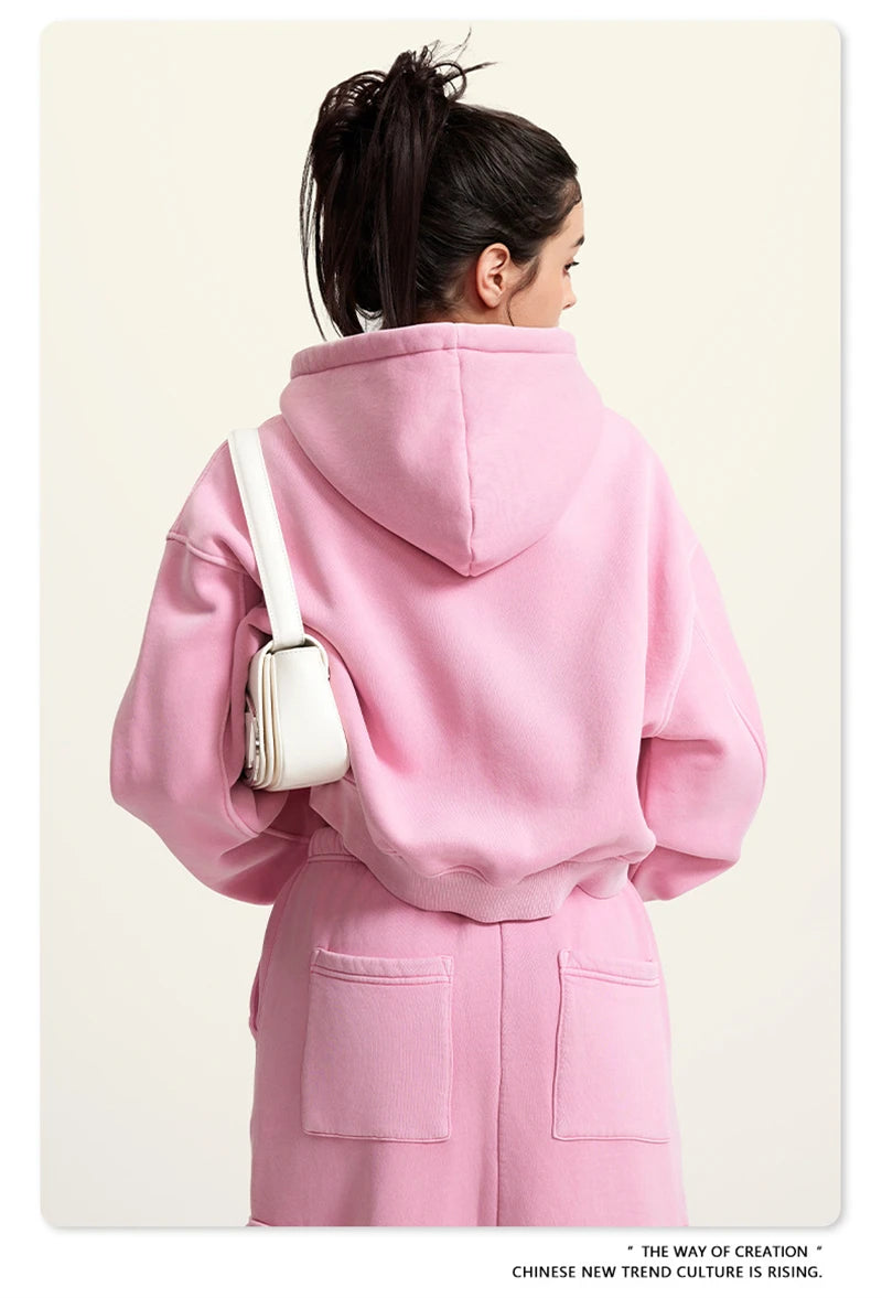 ZODF Retro 2025 Winter Women Short Zipper Hoodies Female Girls Loose 355gsm Thick Fleece Hooded Zip-up Coat Streetwears HY0448