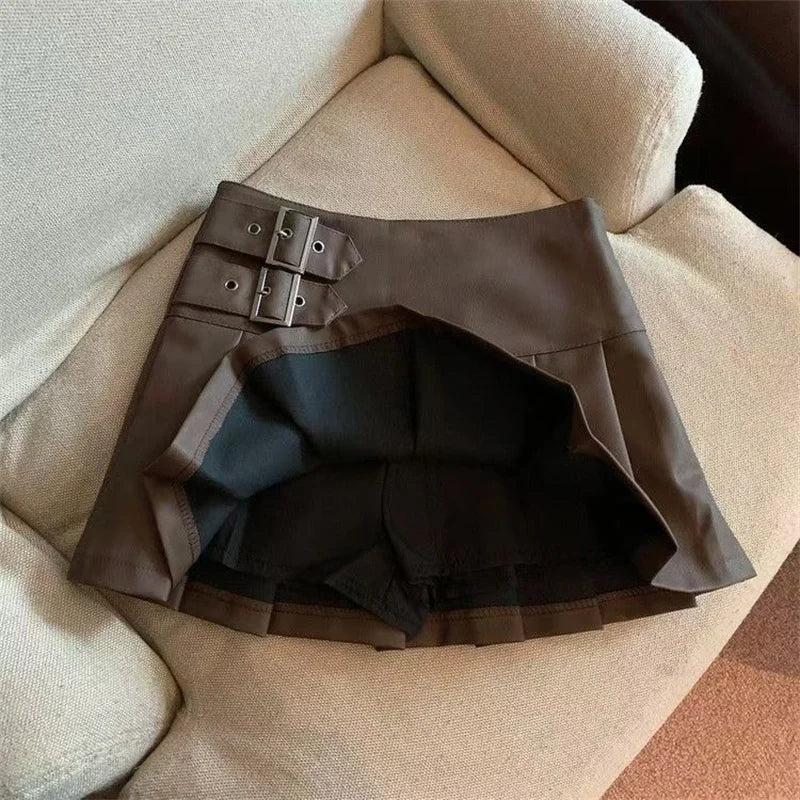 S-3XL Y2K Pu Leather Mini Skirts Women Streetwear High Waist Pleated Skirt Vintage Korean Black Slim Casual A Line Skirts