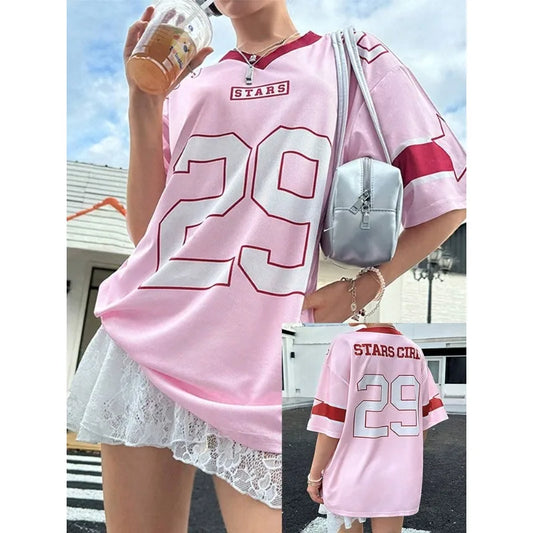 Oversized T-shirt for Women V-Neck Short Sleeve Summer Pink Patchwork 29 Printed Streetwear Tops Casual Football Jersey Y2k Tees