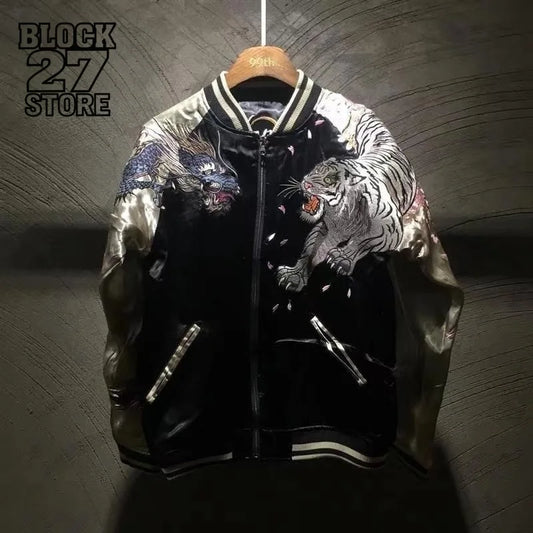 Mens Jacket Harajuku Autumn Winter Ukiyoe Four Gods Heavy Print Dragon Tiger Streetwear Loose Fit Casual Fashion Coat Outerwear