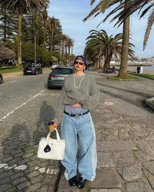 Street Leisure Jeans Baggy Harajuku Embroidered Striped Sweatpants Hip Hop Casual Wide Leg Men Denim Pants Y2k Women Trousers