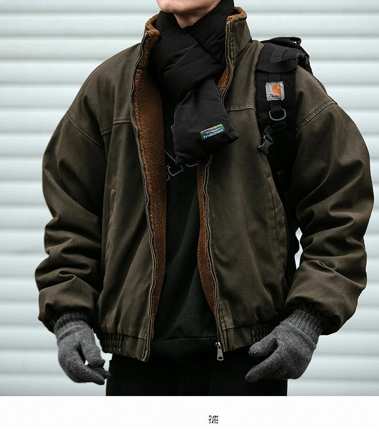 Winter Heavyweight Mens Jacket Japanese Vintage PU Coated Windproof Thick Fleece Lined Warm Distressed Streetwear Long Coat Male