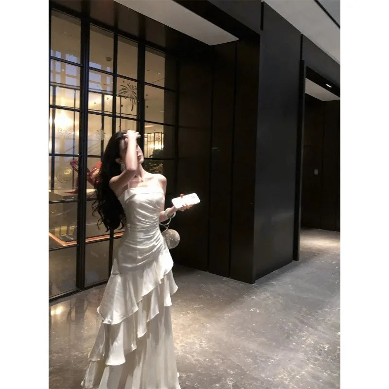 French Elegant Luxury Ruffles Sling Mermaid Dress Prom Gown  Zipper Tierred Shoulder Dresses 2025 Summer Chic New Vestidos