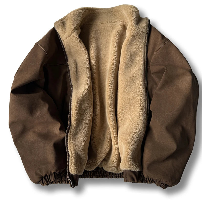 Winter Heavyweight Mens Jacket Japanese Vintage PU Coated Windproof Thick Fleece Lined Warm Distressed Streetwear Long Coat Male