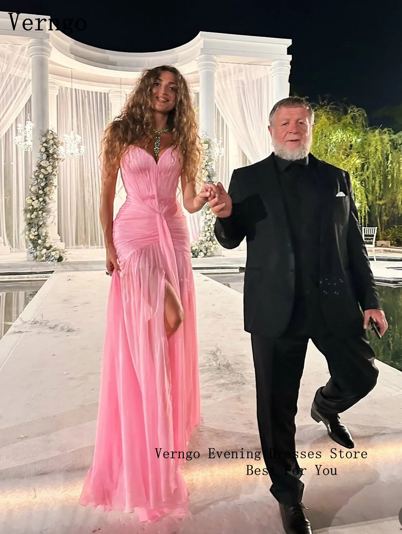 Verngo Pink Evening Dress Elegant Sweetheart A Line Maxi Prom Dress Flowing Hand-pleated Silk Prom Party Dress Customized