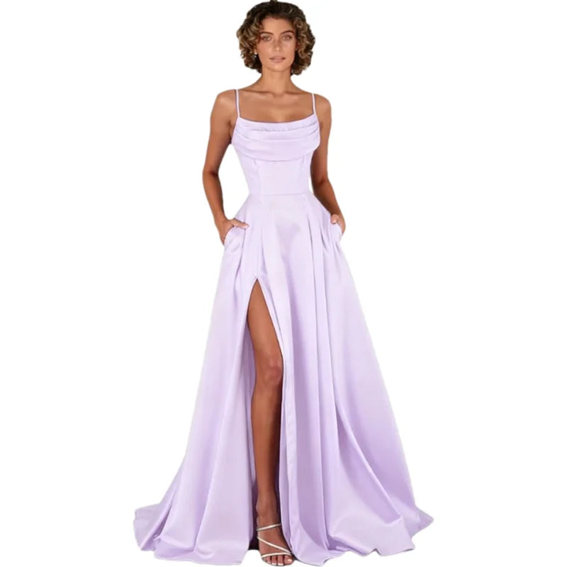 Customized Women's Spaghetti Straps Satin Prom Dresses with Slit Long A Line Formal Dress Evening Party Gowns with Pockets