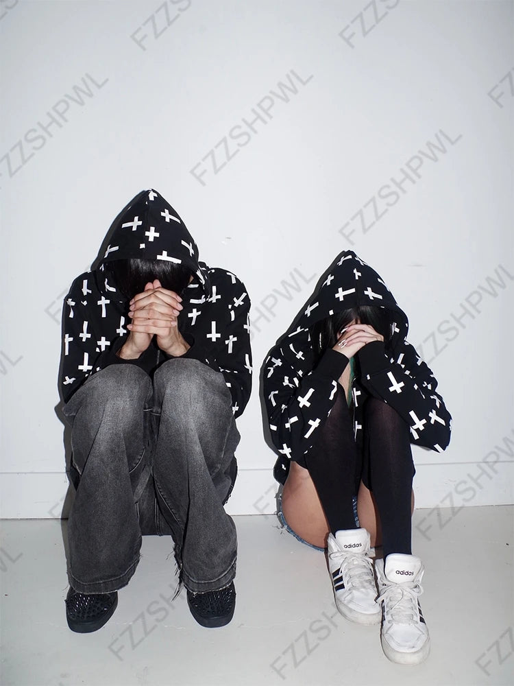 Gothic Punk Grunge Y2K Unisex Hoodie Loose Chic Casual Cross Print Cardigan Sweatshirt Harajuku Vintage Autumn Winter Streetwear