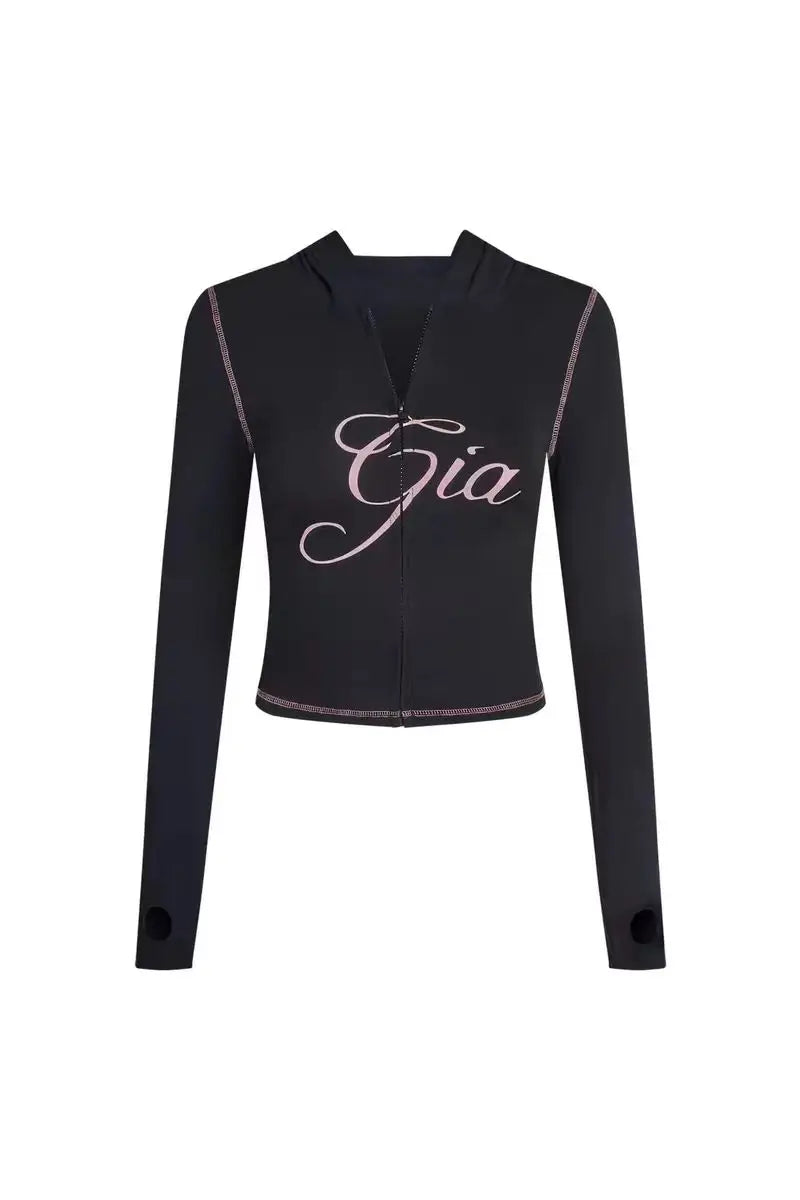 Gia 2025 Shoulder Slimming Letter Printed Bright Thread Design Slimming Hooded Zipper Short Coat Pants Set for Women