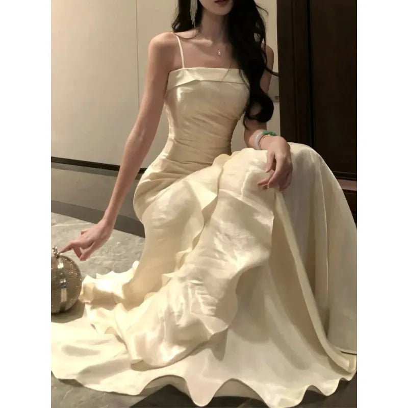 French Elegant Luxury Ruffles Sling Mermaid Dress Prom Gown  Zipper Tierred Shoulder Dresses 2025 Summer Chic New Vestidos