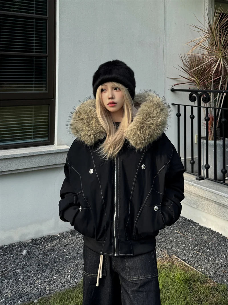 ZAROY Fur Collar Hooded Parkas Y2k Harajuku Thicken Padded Jackets Casual Zipper Gothic Women&Men Winter Coats Streetwear кур