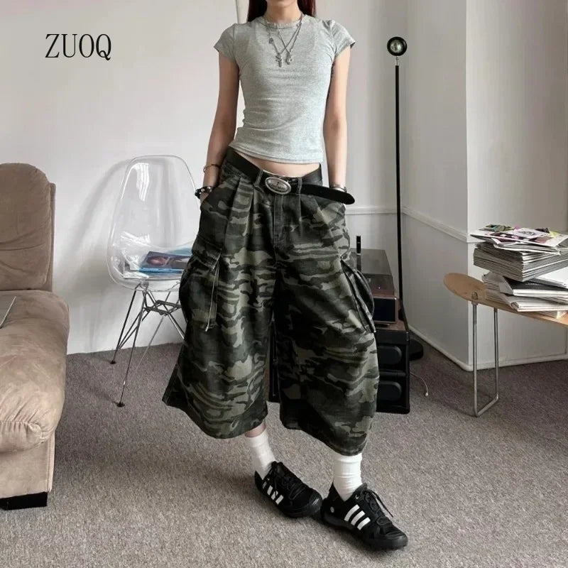 American Camouflage Jeans Men's and Women's High Street Loose Straight Leg Casual Versatile Seven-minute Denim Pants Male