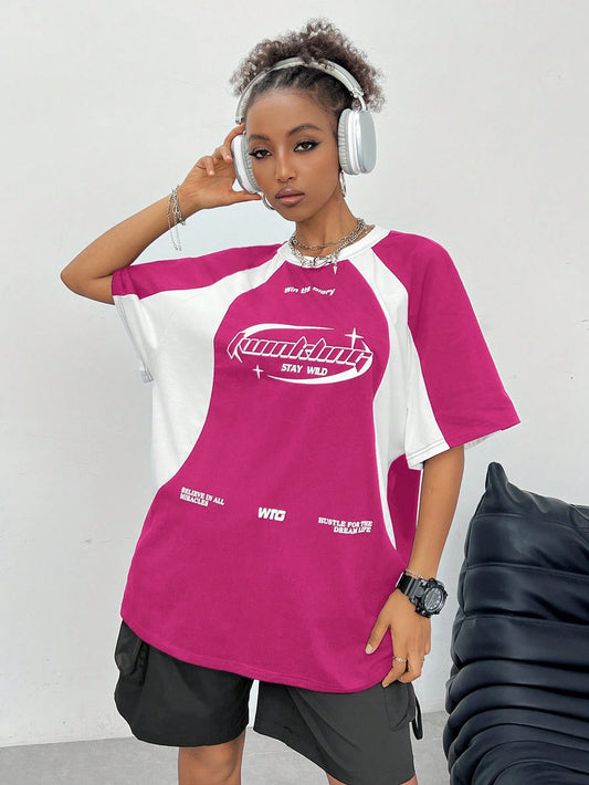 Women's Spring_Summer Streetwear Oversized Racing Motorcycle Print Color Block Raglan Sleeve T-Shirt Casual Top Tee