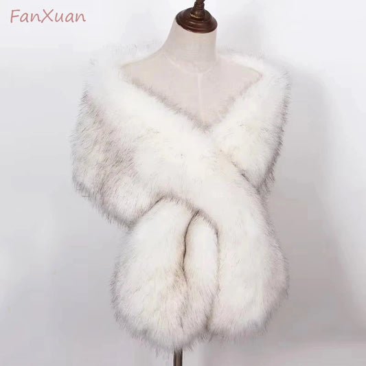 Faux Fox Fur Women Wraps Long Plush Tippet for Woman Luxury Scarf Cloak Party Dress Fluffy Fur Shawl Large Poncho Bride