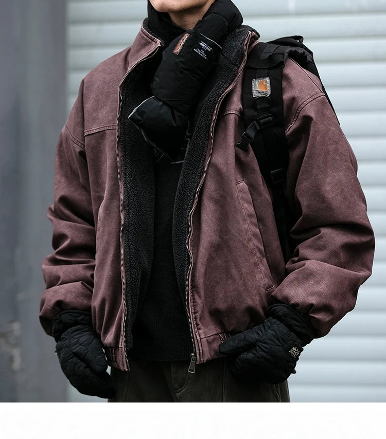 Winter Heavyweight Mens Jacket Japanese Vintage PU Coated Windproof Thick Fleece Lined Warm Distressed Streetwear Long Coat Male