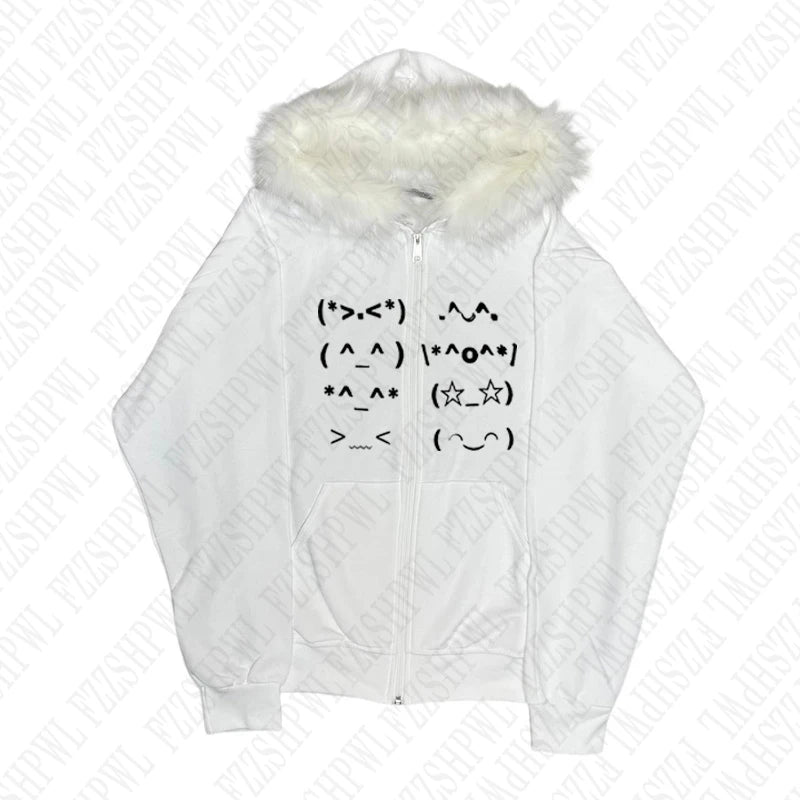 Casual Faur collar Harajuku Streetwear Hiphop Zipper Hoodie sweatshirt Vintage Rock Goth Loose Punk EMO Y2K Zip up hoodie Jacket