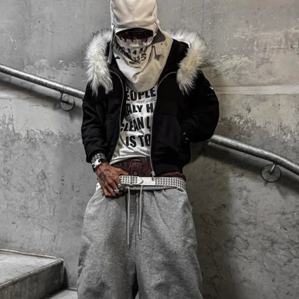 Y2K Retro Zip up Hoodie Faur Collar Harajuku Streetwear Hip Hop Zipper Sweatshirt Hoodies Unisex Rock Goth Loose Punk EMO Jacket