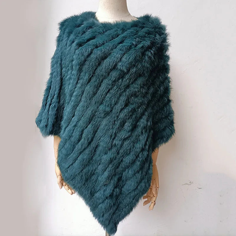 HSPL 2023 Spring Hot Sale Knitted Natural Fur Shawl  Fashion Rabbit Fur Cape Shawl Genuine Rabbit Fur Women Black Fur Poncho