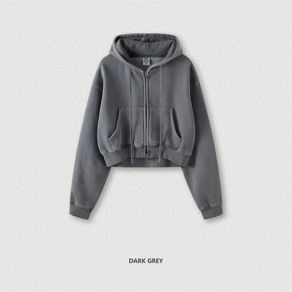 ZODF Retro 2025 Winter Women Short Zipper Hoodies Female Girls Loose 355gsm Thick Fleece Hooded Zip-up Coat Streetwears HY0448