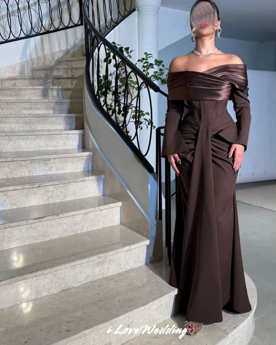 Brown Off the Shoulder Prom Dresses 2025 Satin Long Sleeve Corset Mermaid Pleated Backless Zip Wedding Party Dress Customized